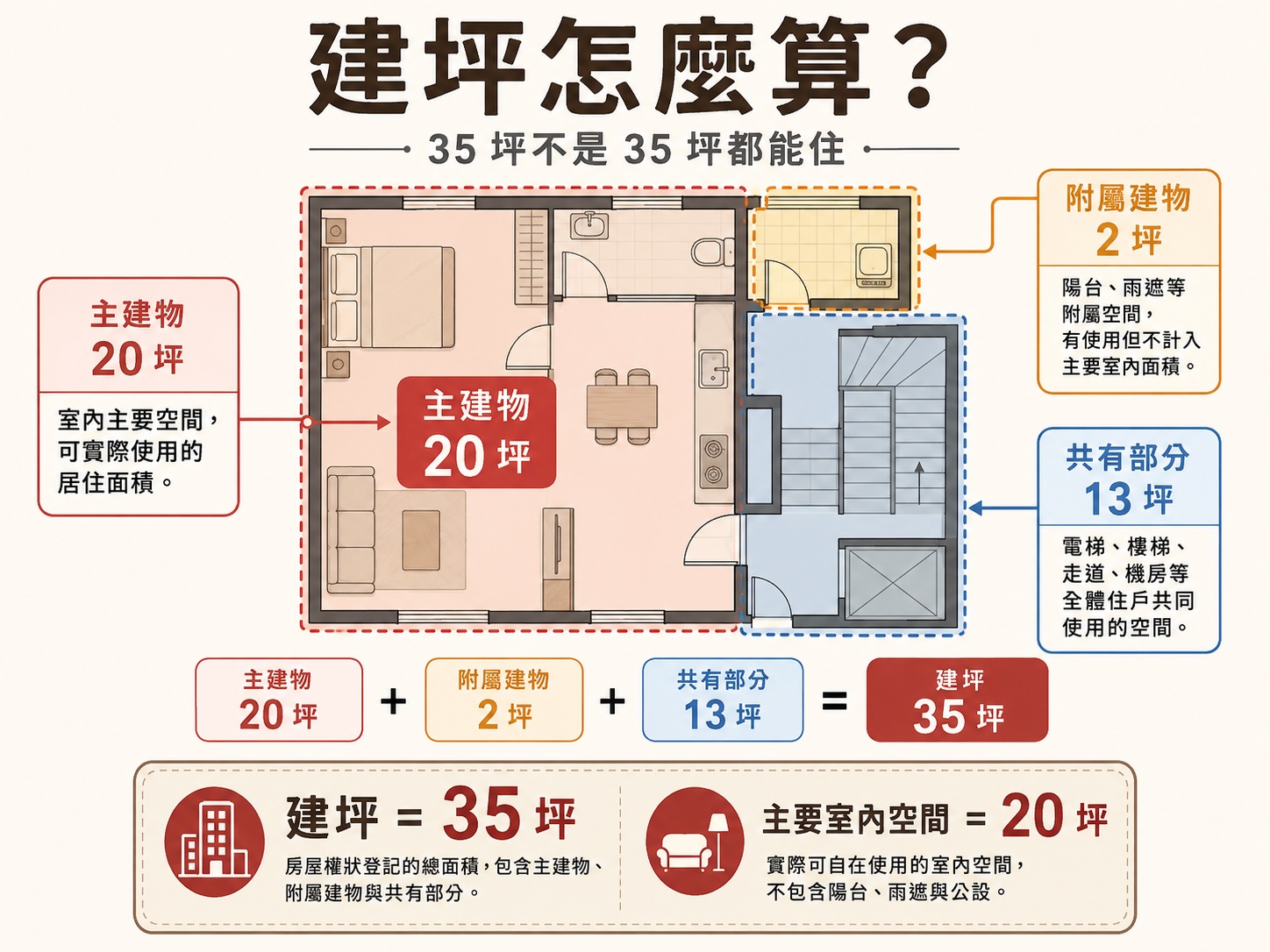 建坪怎麼算示意圖,35 坪房屋由主建物、附屬建物與共有部分組成