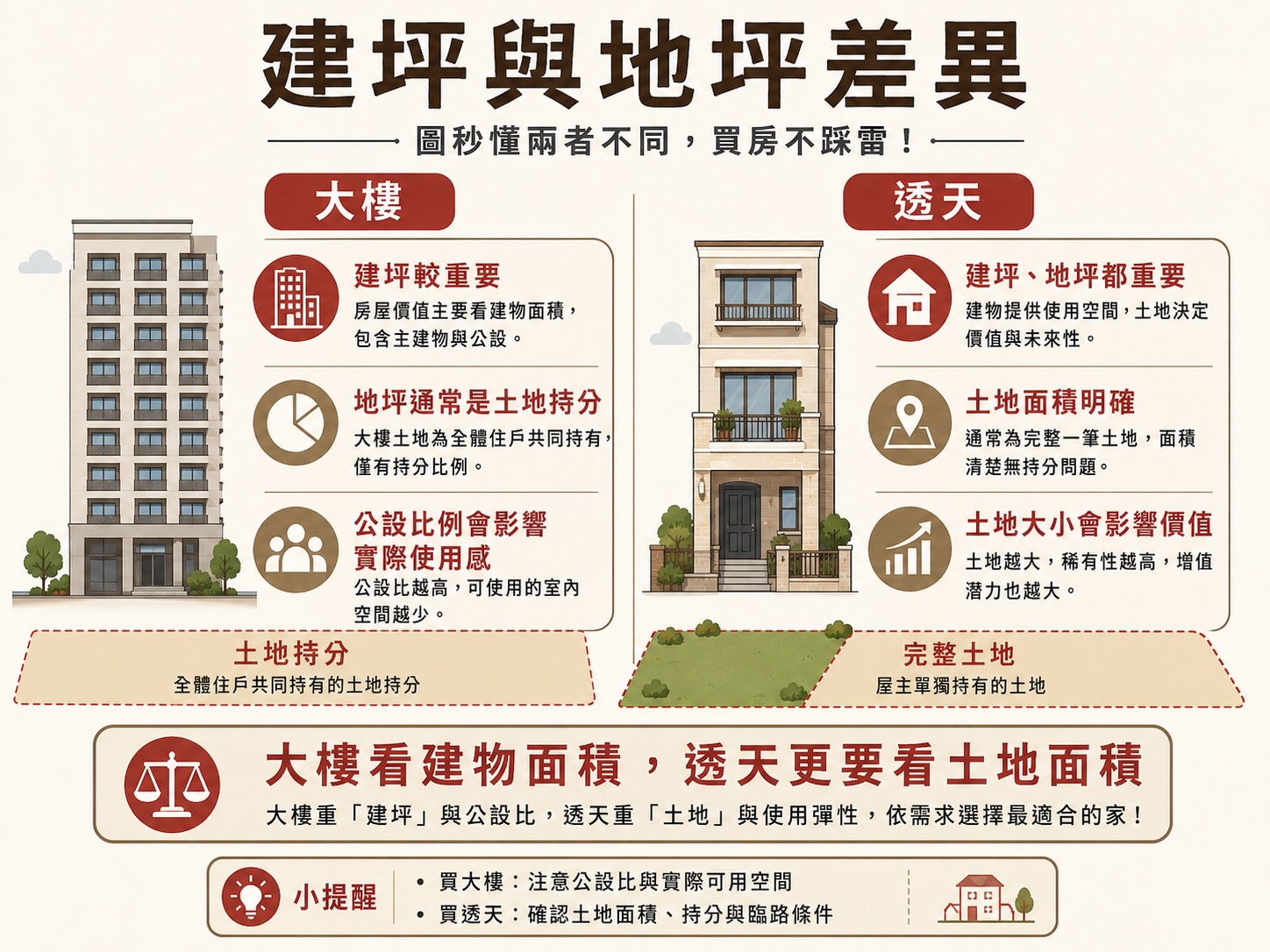 大樓與透天的建坪地坪差異比較圖