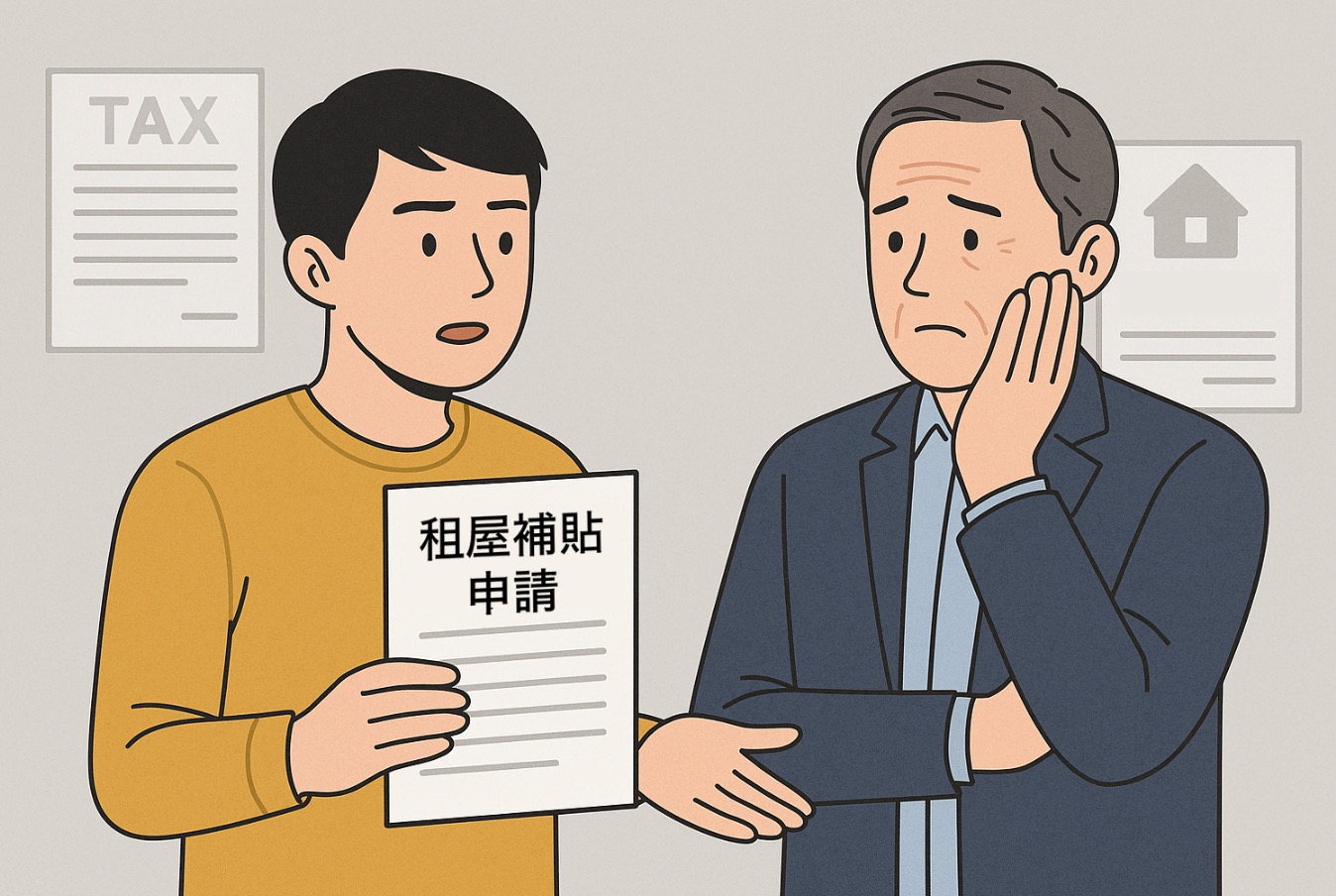 一位房客拿著申請文件,房東一臉為難