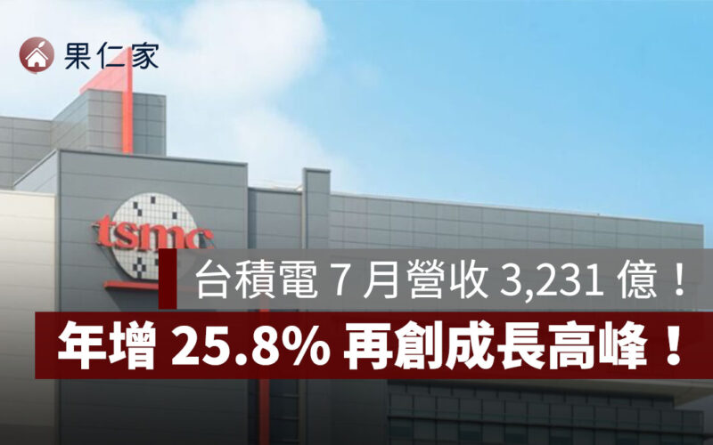 台積電營收：7 月營收衝上 3,231 億，年增 25.8% 再創成長高峰！