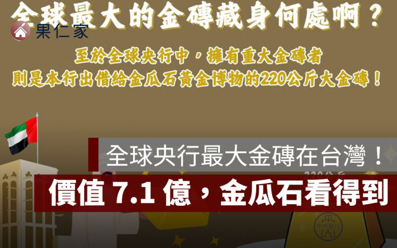全球央行最大金磚在台灣！價值 7.1 億、重達 220 公斤，金瓜石看得到