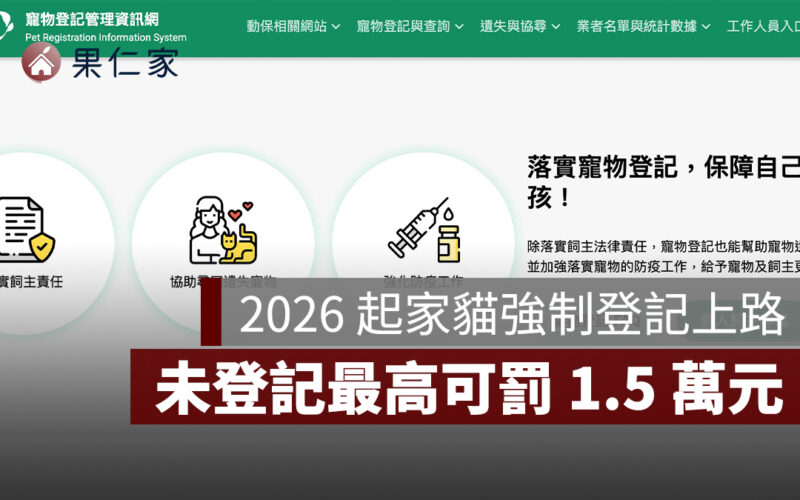 貓也要報戶口了!2026 年起家貓強制登記上路,未登記最高可罰 1.5 萬元