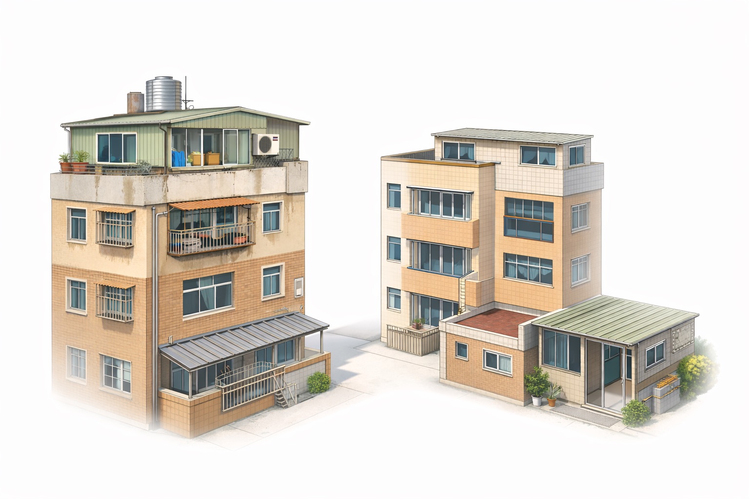 台灣住宅常見違建位置示意圖，包括頂樓加蓋、陽台外推、平台加蓋與後院增建