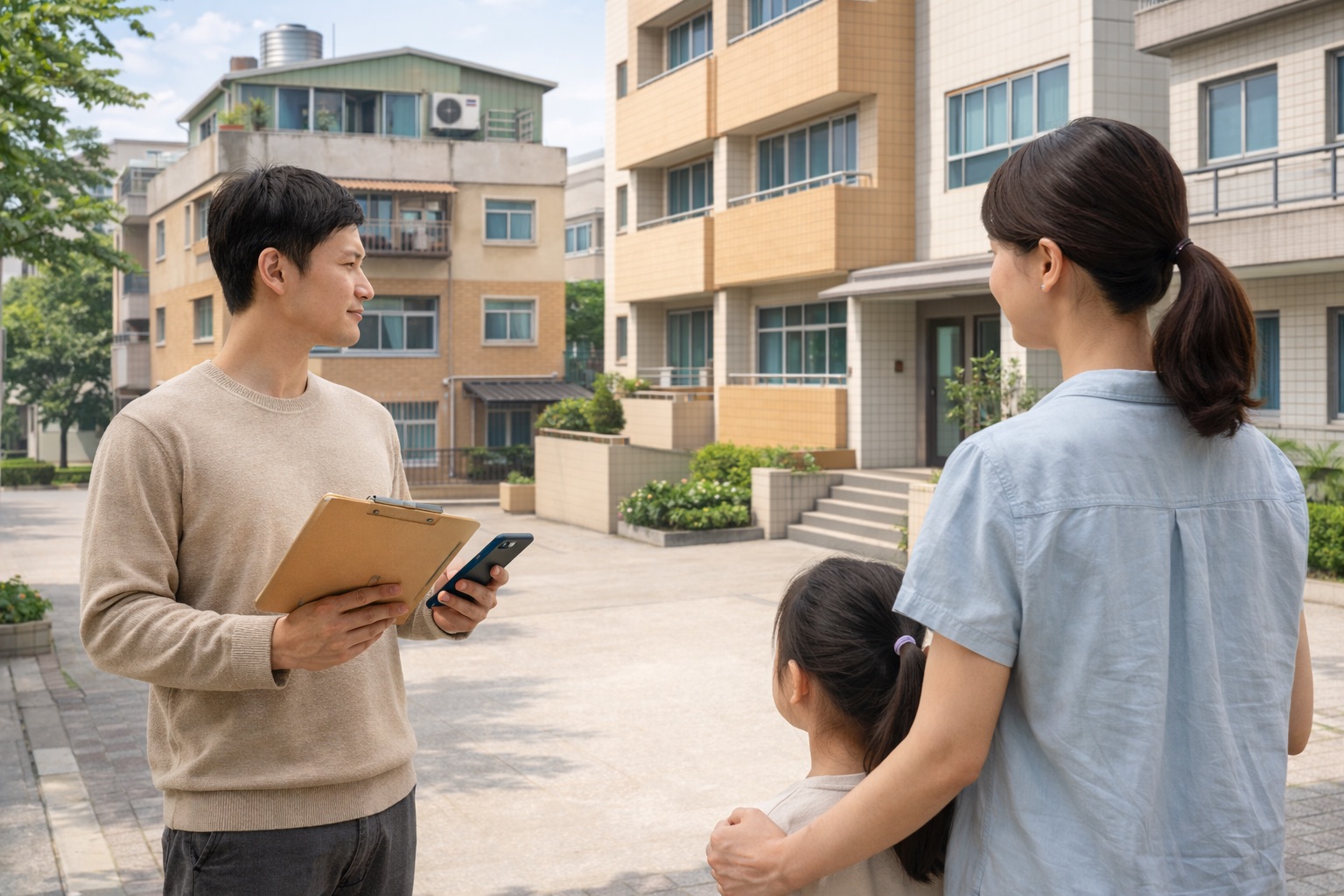 準買方一家人在住宅社區外看屋並查核資料，呈現買房前降低踩雷風險的情境