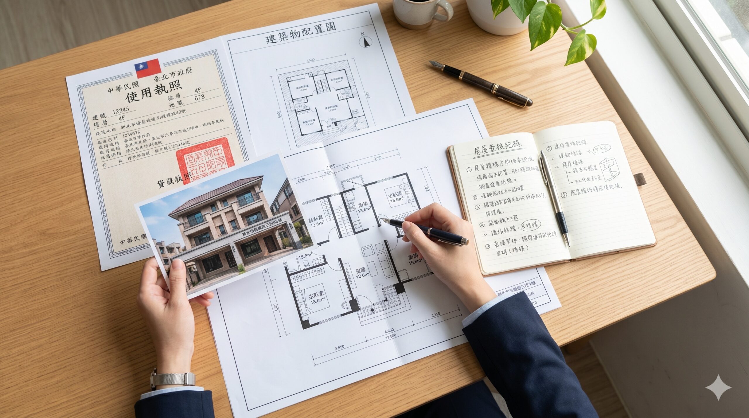 建物謄本與房屋資料查核示意圖，呈現買房前查違建的準備流程