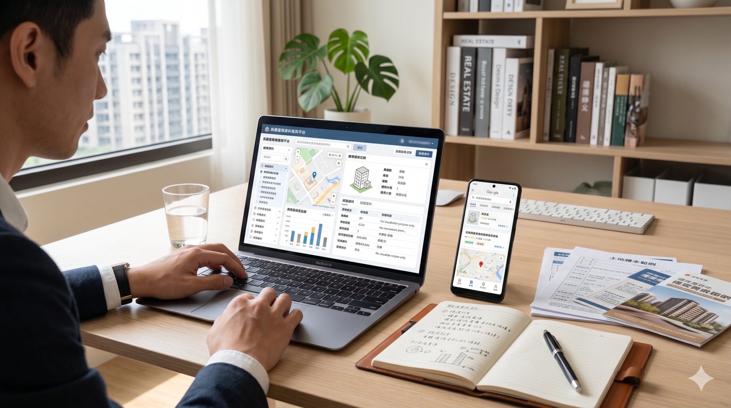 準買方使用電腦查詢房屋與違建相關資料的示意圖