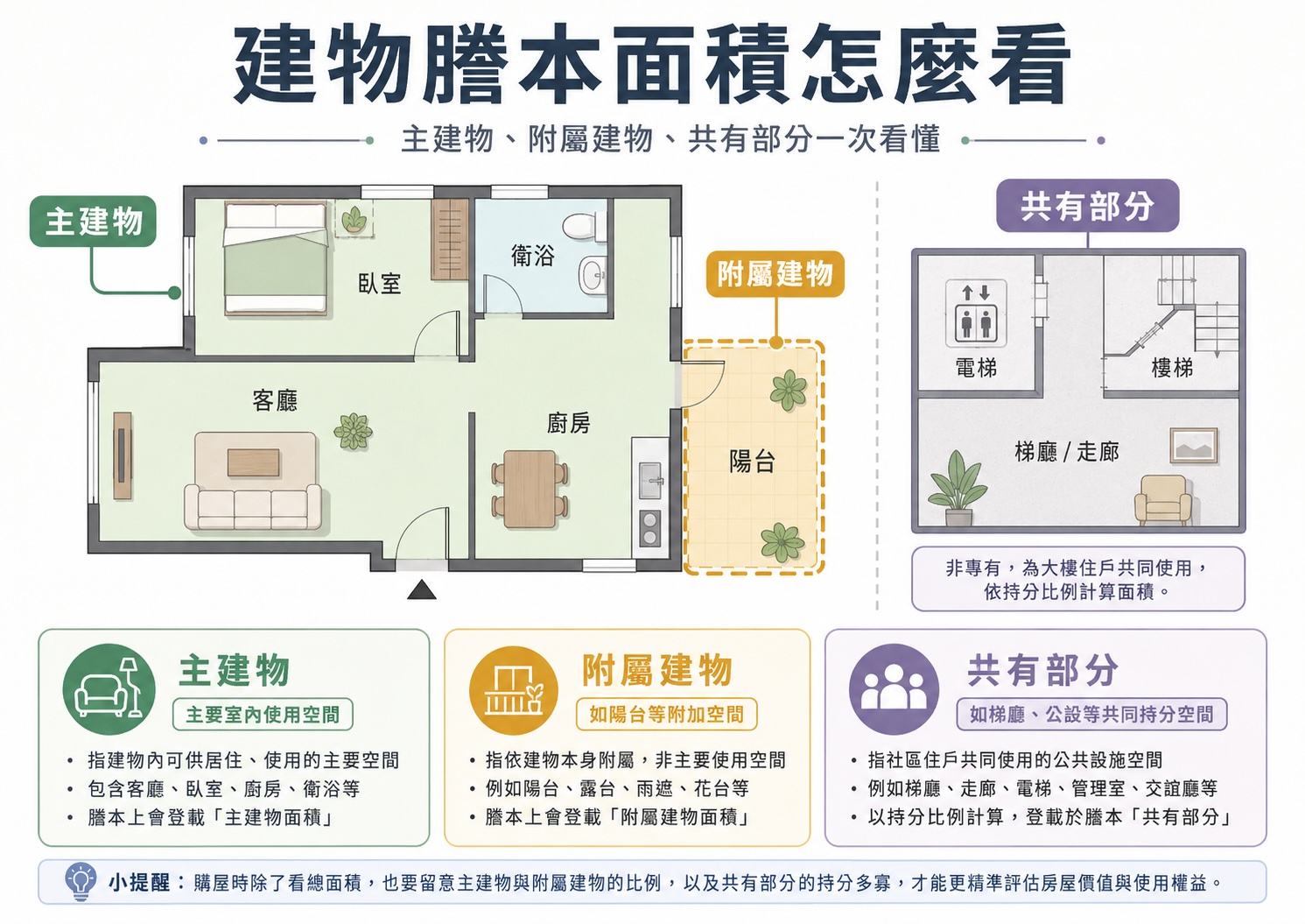 建物謄本主建物、附屬建物、共有部分面積差異