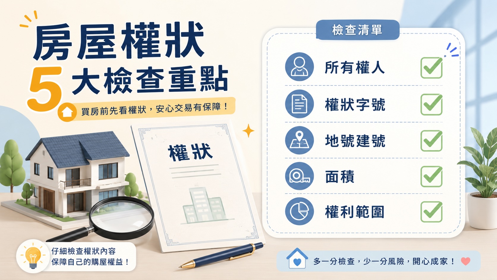房屋權狀所有權人、權狀字號、地號建號、面積與權利範圍檢查重點