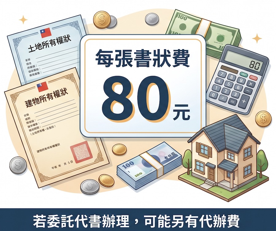 權狀遺失補發的費用為每張書狀費 80 元