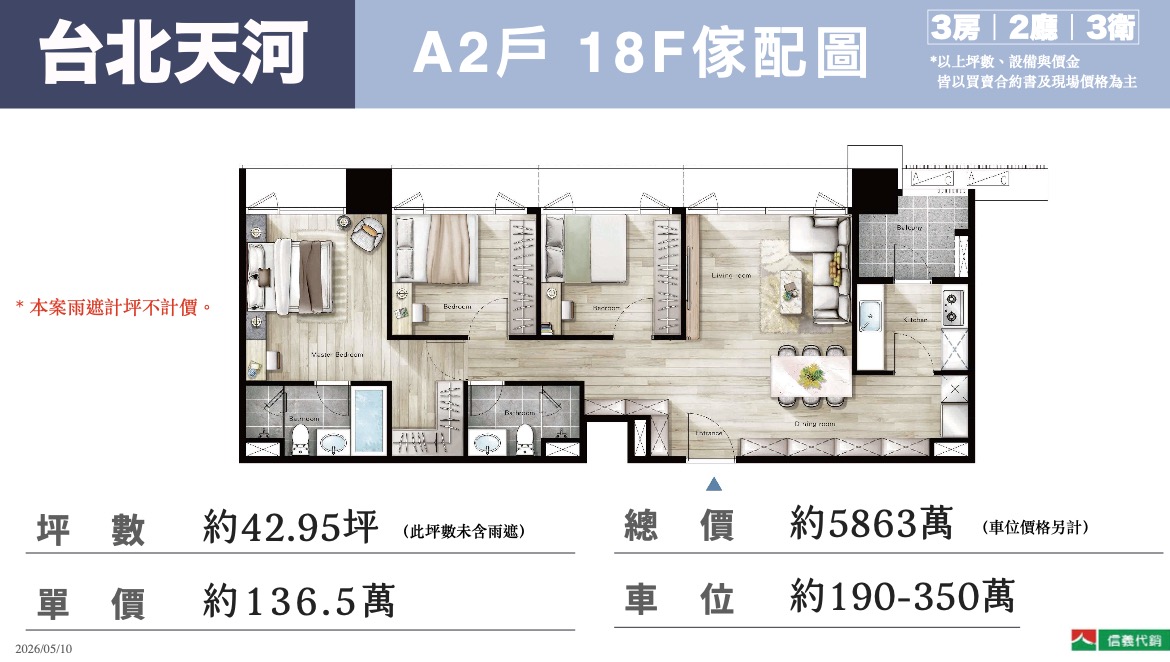 33.24 坪 3 房產品。A2 戶 18F 傢配圖。圖源：信義代銷提供