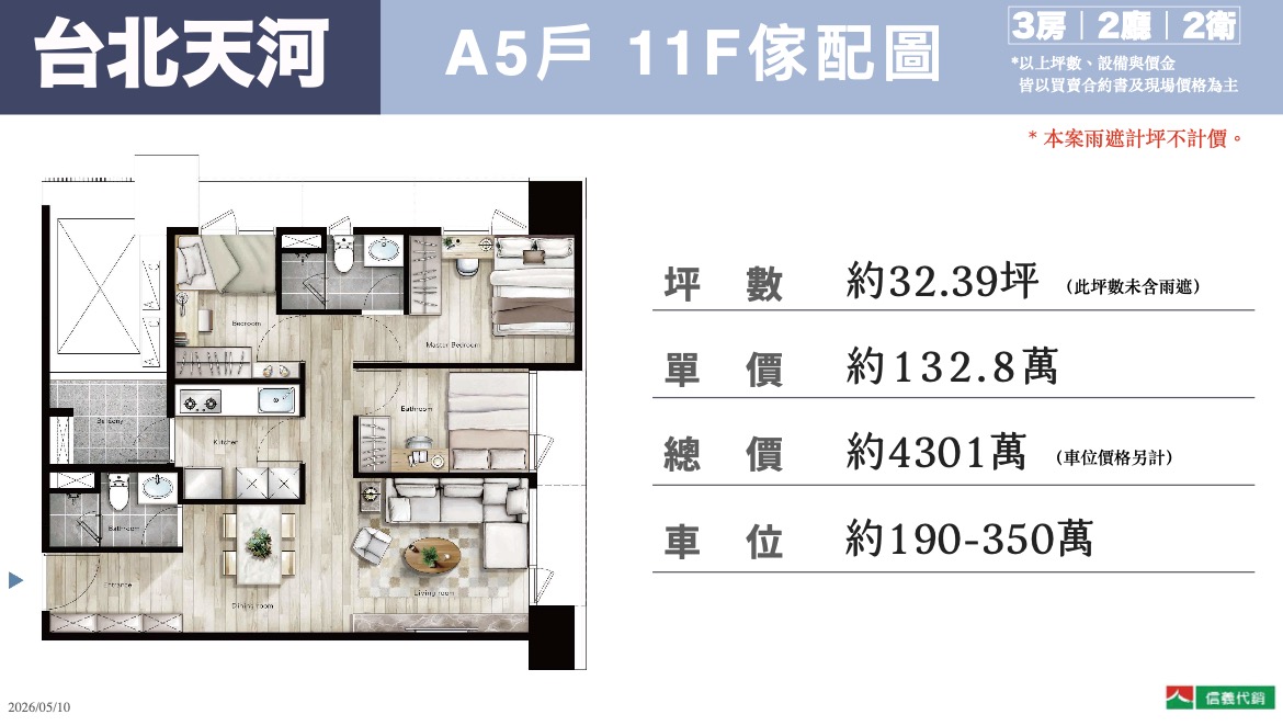 
32.39 坪 3 房產品。A5 戶 11F 傢配圖。圖源：信義代銷提供