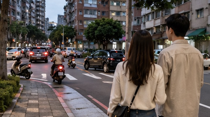 傍晚下班尖峰時間的台灣住宅社區街道，路上有汽車、機車、接送車流與路邊停車