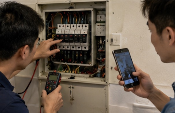 水電技師檢查中古屋配電箱、迴路與老舊電線