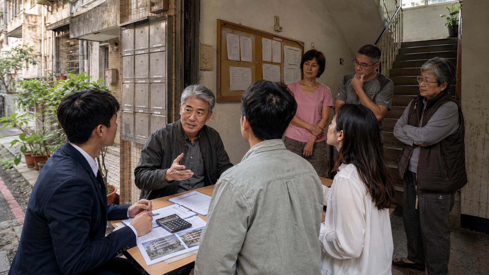 老公寓住戶討論公共修繕與工程費用分攤