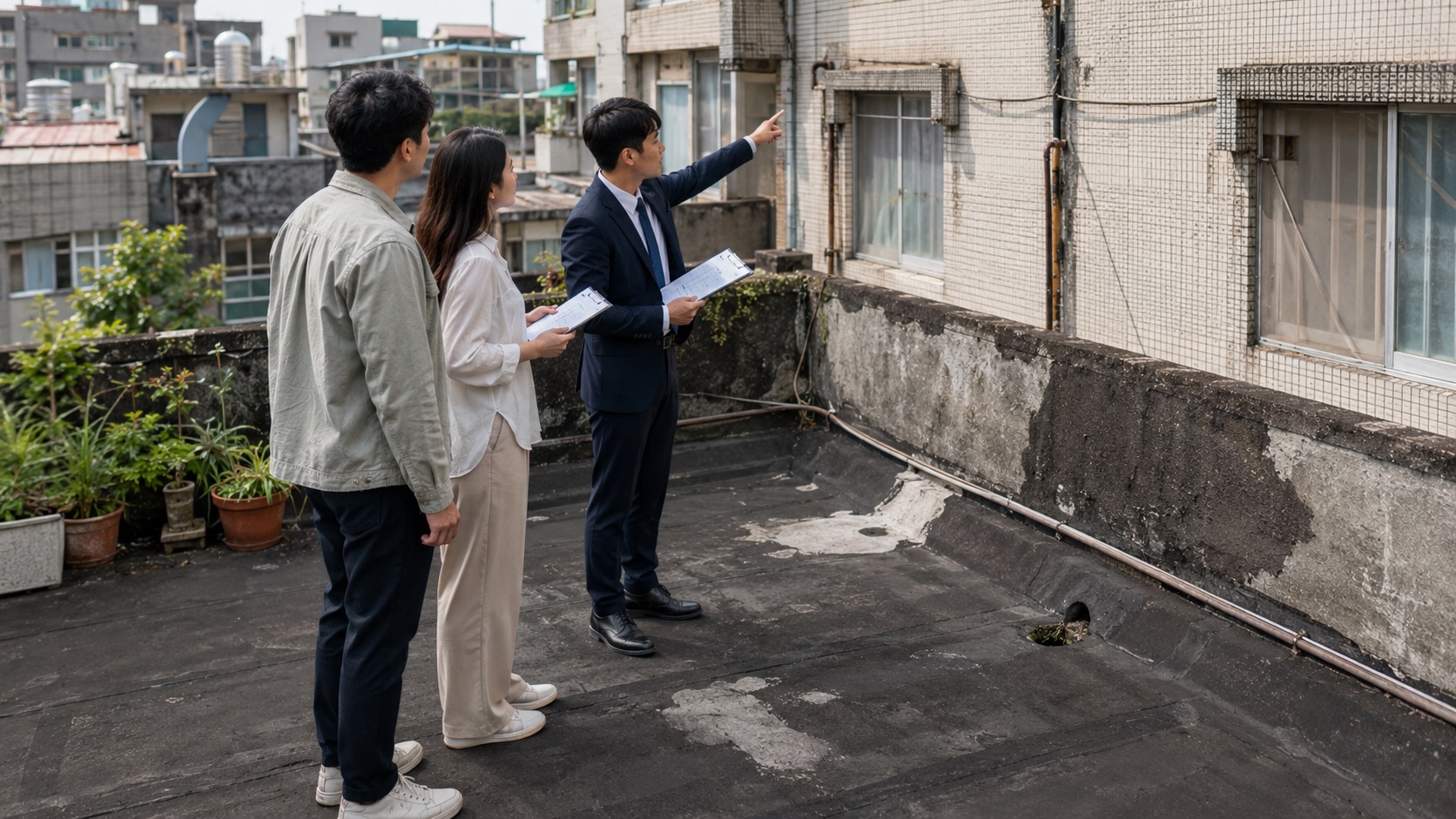 買方與專業人員檢查老公寓屋頂防水及外牆修繕狀況