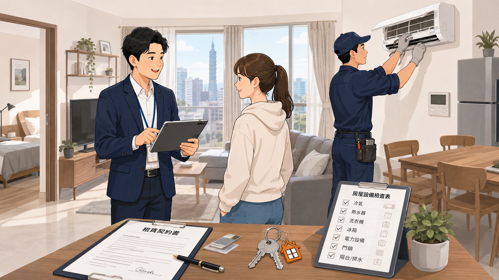 包租代管人員在出租住宅內與房客溝通並安排設備維修