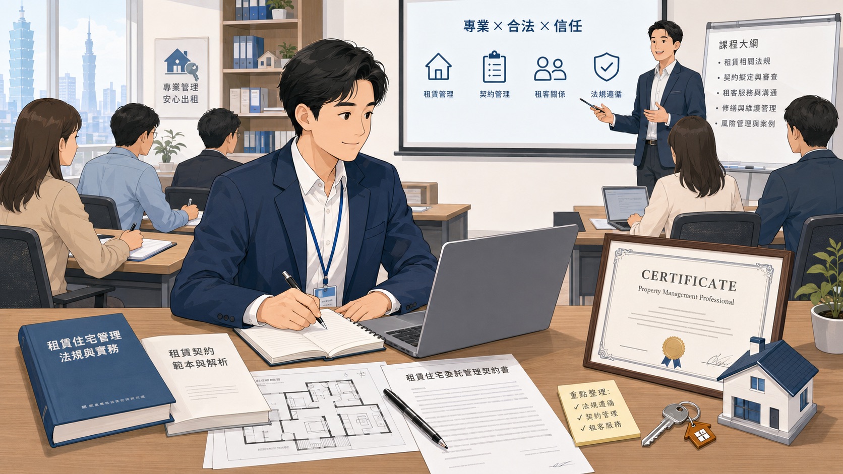 租賃住宅管理人員參加課程並取得包租代管相關證書示意圖