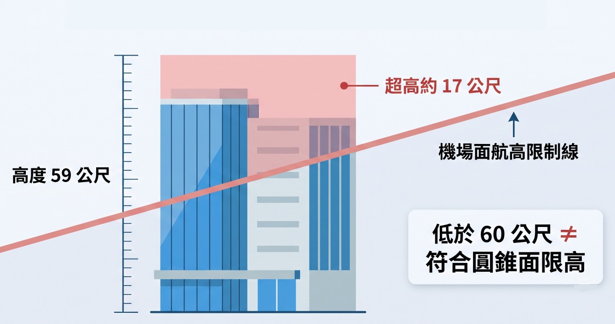 置地廣場桃園 B 區超出航高限制 17 公尺示意圖