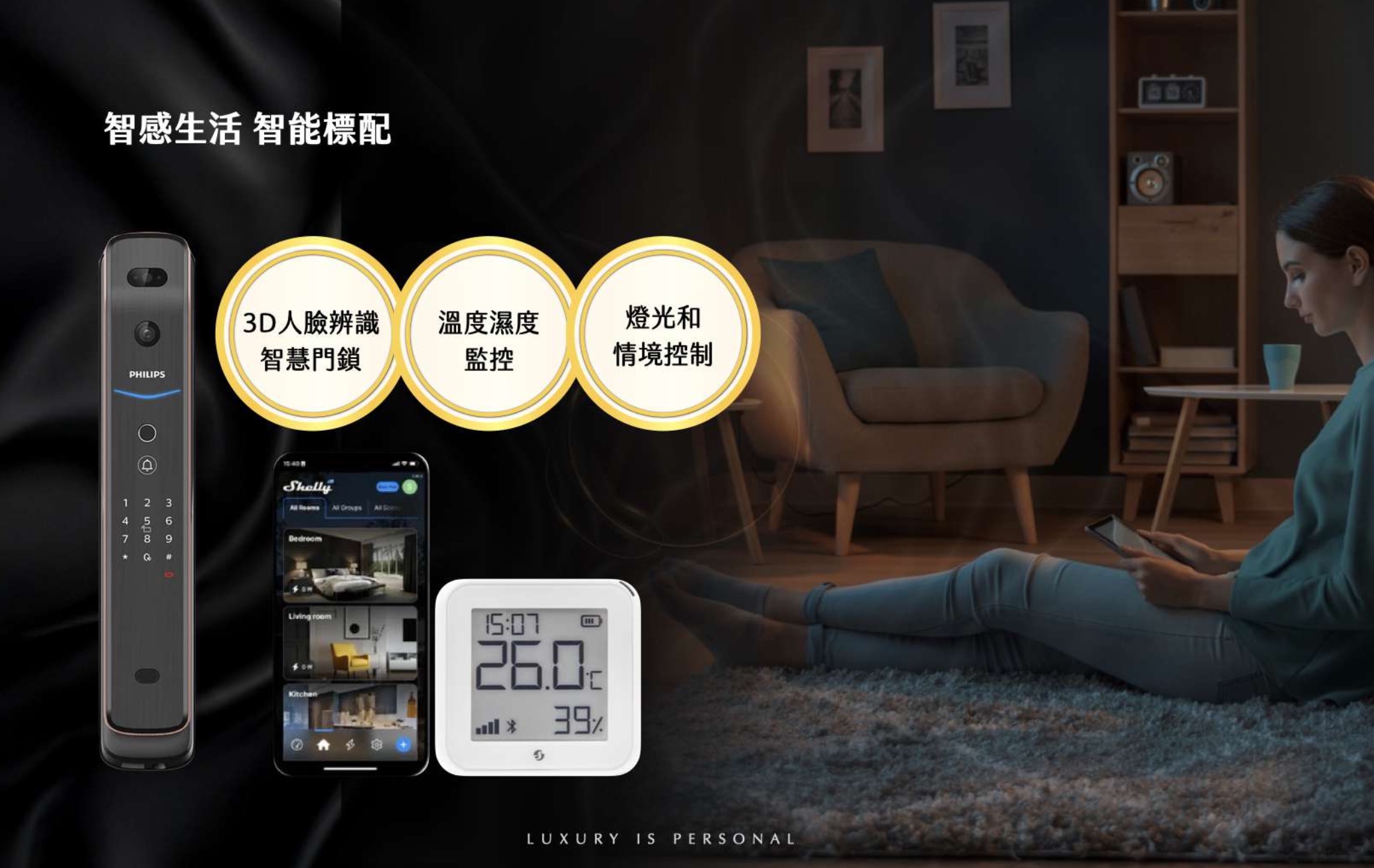 新濠信義智慧住宅設備示意圖，包含 3D 人臉辨識門鎖、溫度濕度監控與燈光情境控制，圖源：信義代銷提供。