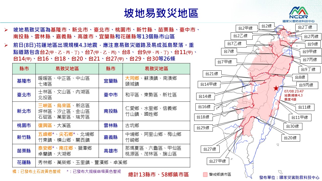 7/11 巴威颱風：坡地易致災地區（圖源國家災害防救科技中心）
