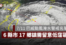 7/11 巴威颱風淹水警戒名單公布！6 縣市 17 鄉鎮需留意（圖源：國家災害防救科技中心）
