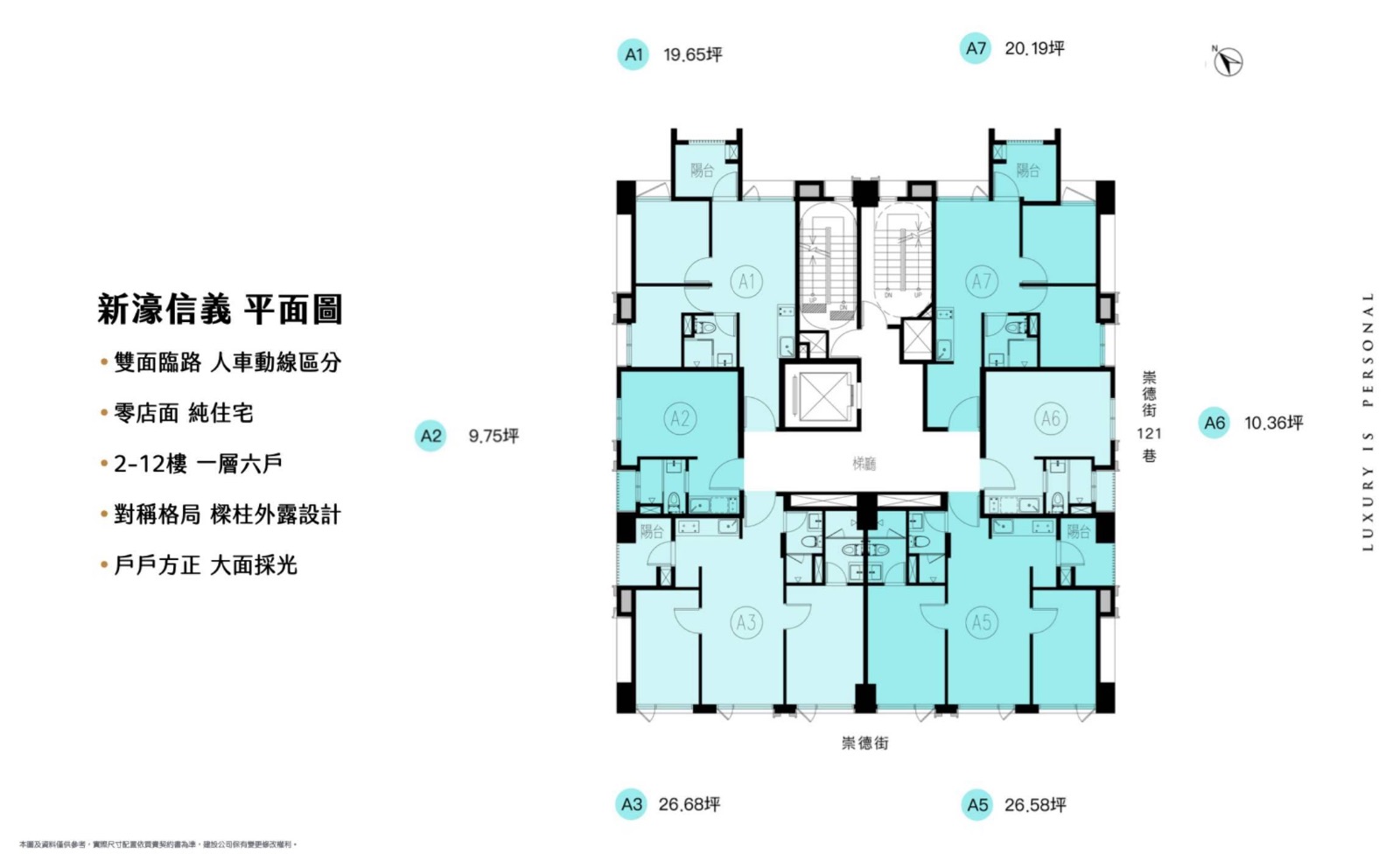 新濠信義標準層平面圖，單層規劃 6 戶，坪數約 9.75 至 26.68 坪，房型涵蓋 1 房至 2 房，圖源：信義代銷提供。