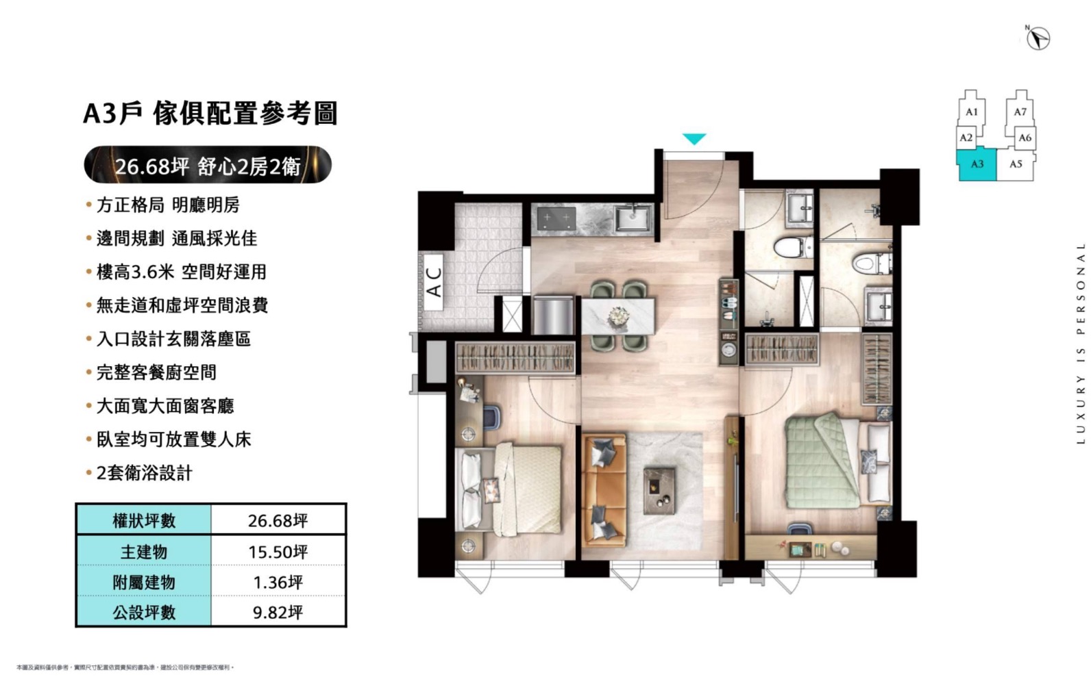 新濠信義 A3 戶約 26.68 坪 2 房 1.5 衛家具配置參考圖，呈現客餐廳、雙臥室與收納空間安排，圖源：信義代銷提供。