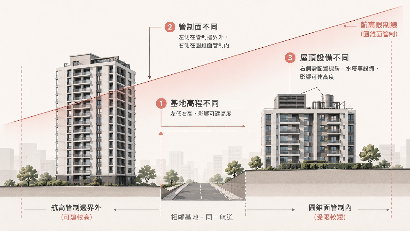 相鄰建案因管制面與基地高程不同而出現樓高差異示意圖