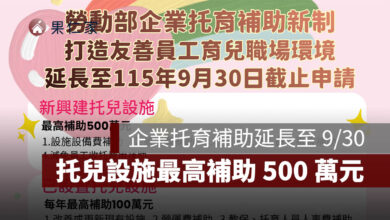 企業托育補助延長至 9/30!逾 750 家申請,托兒設施最高補助 500 萬元(圖源:勞動部)