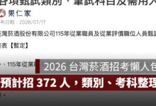 2026 台灣菸酒招考暫定名額公布！預計招 372 人，類別、考科一次看（圖源：臺灣菸酒官網）