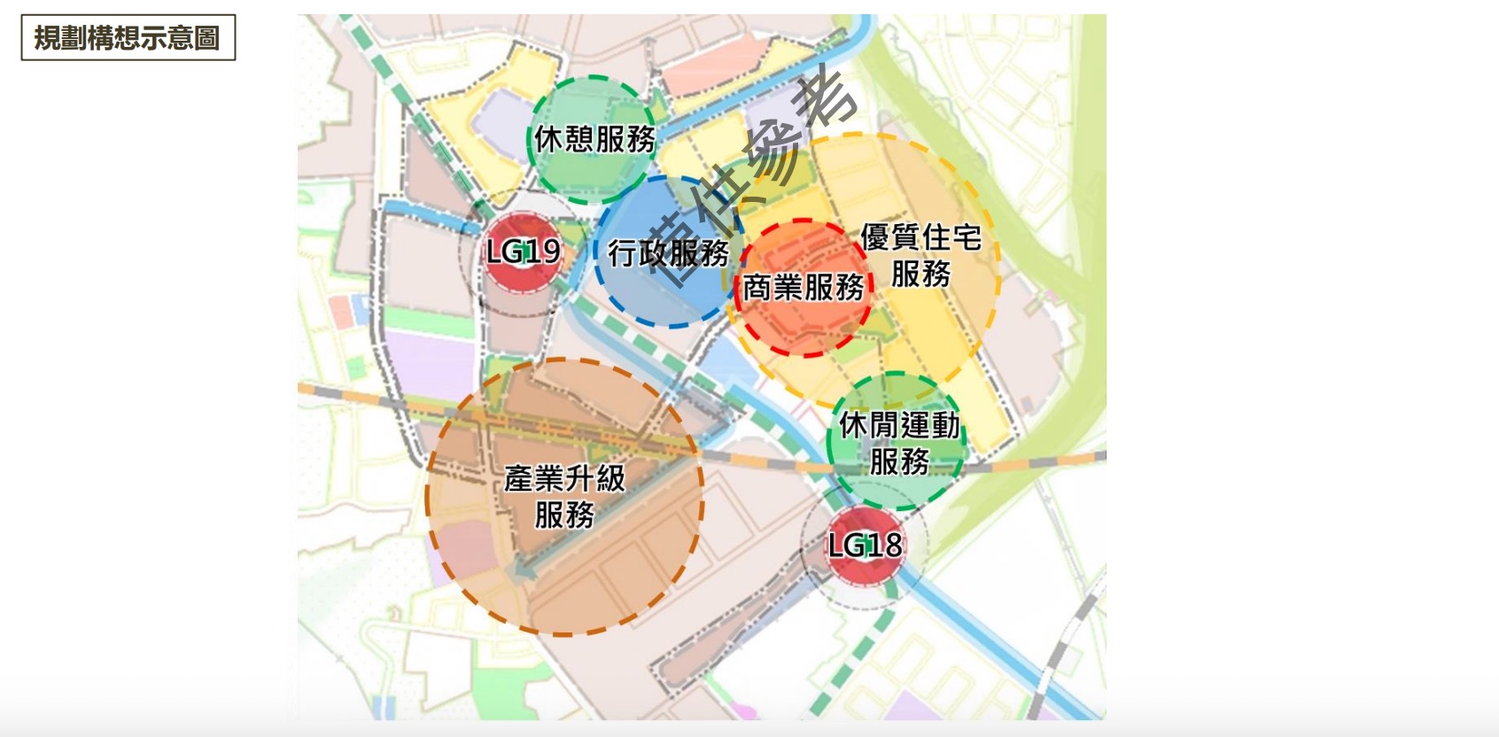 樹林機五周邊整體開發初步規劃構想,圖中可見 LG18、LG19 站,以及產業、商業、住宅和休閒運動等服務區。(圖源:擷取自機五周邊座談會 PDF)