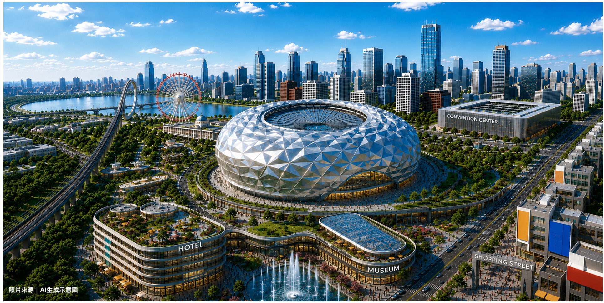 新北大巨蛋周邊複合開發情境示意圖,實際建築、場館及商業設施配置仍未定案。圖/新北市政府體育局,AI 生成示意圖