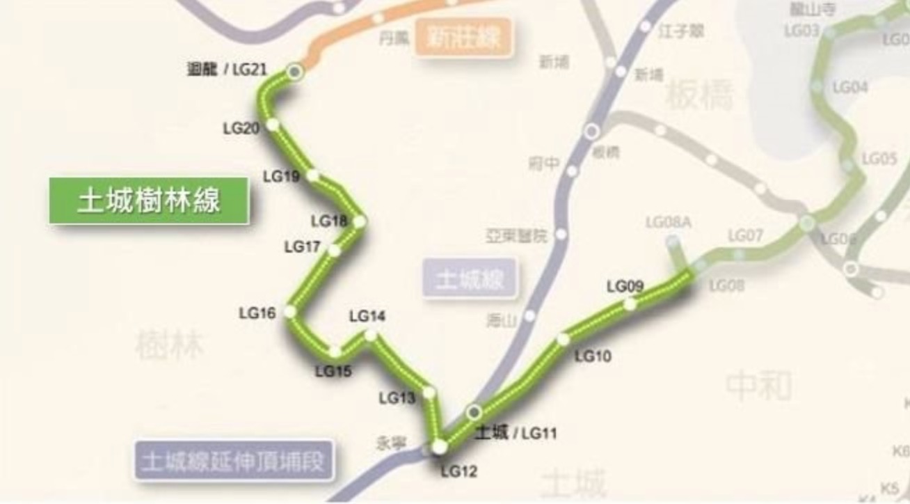 捷運土城樹林線路線圖,樹林機五周邊主要鄰近 LG18、LG19 站。圖/新北市政府捷運工程局