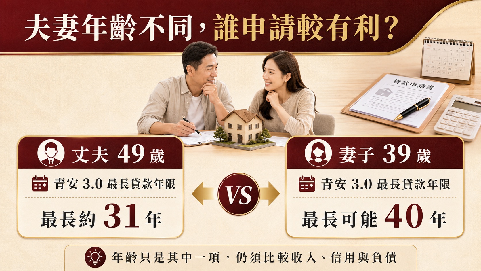 青安 3.0 夫妻年齡不同影響最長貸款年限示意圖