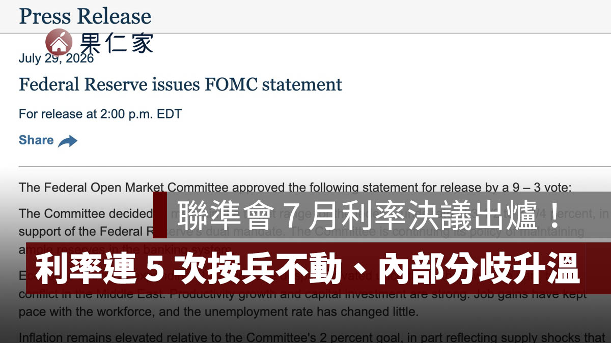 聯準會 7 月利率決議出爐！利率連 5 次按兵不動，3 位官員主張升息 1 碼（擷取自聯準會官網）