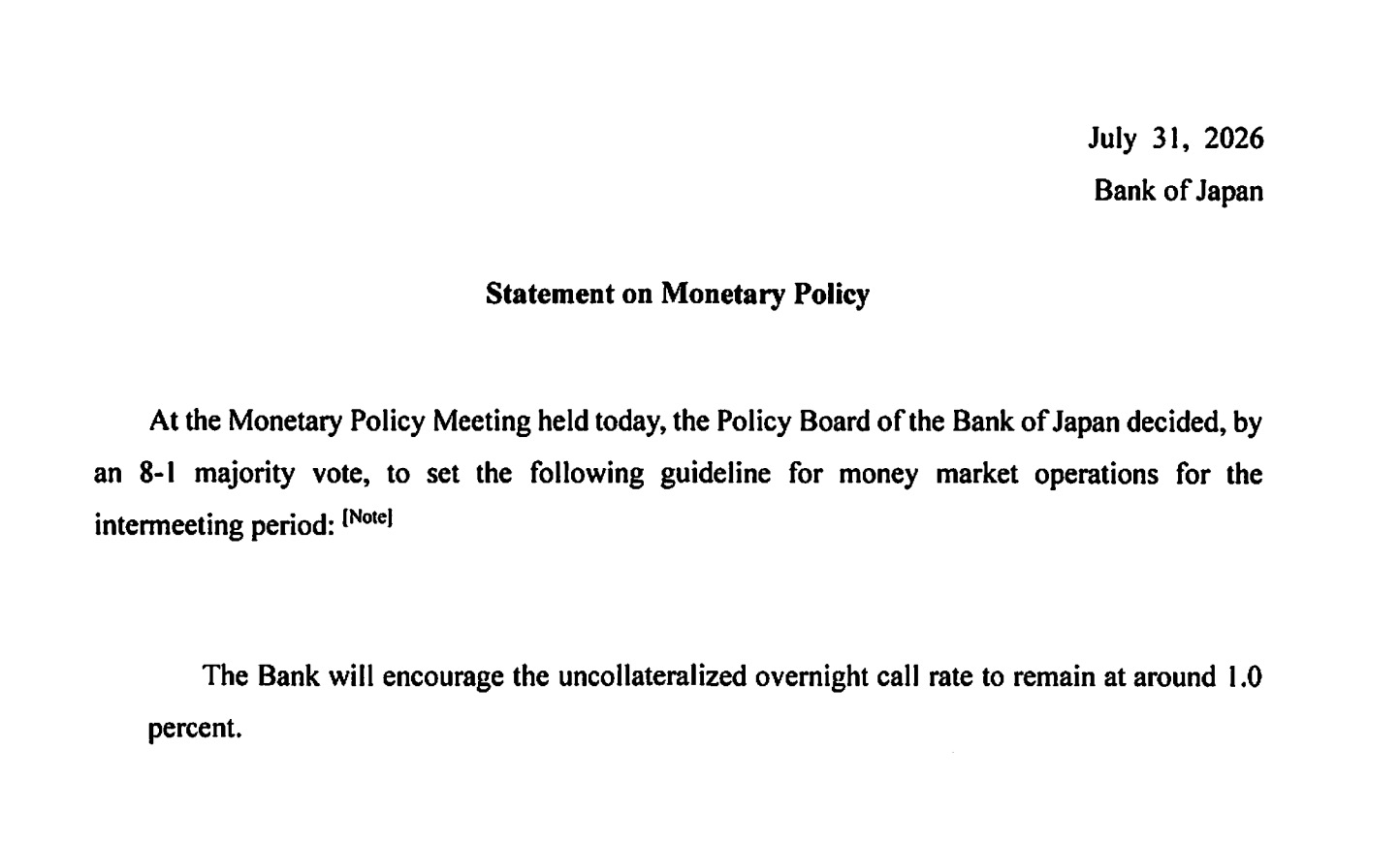 日本央行 7 月利率決議(圖源:日本央行官方聲明稿)