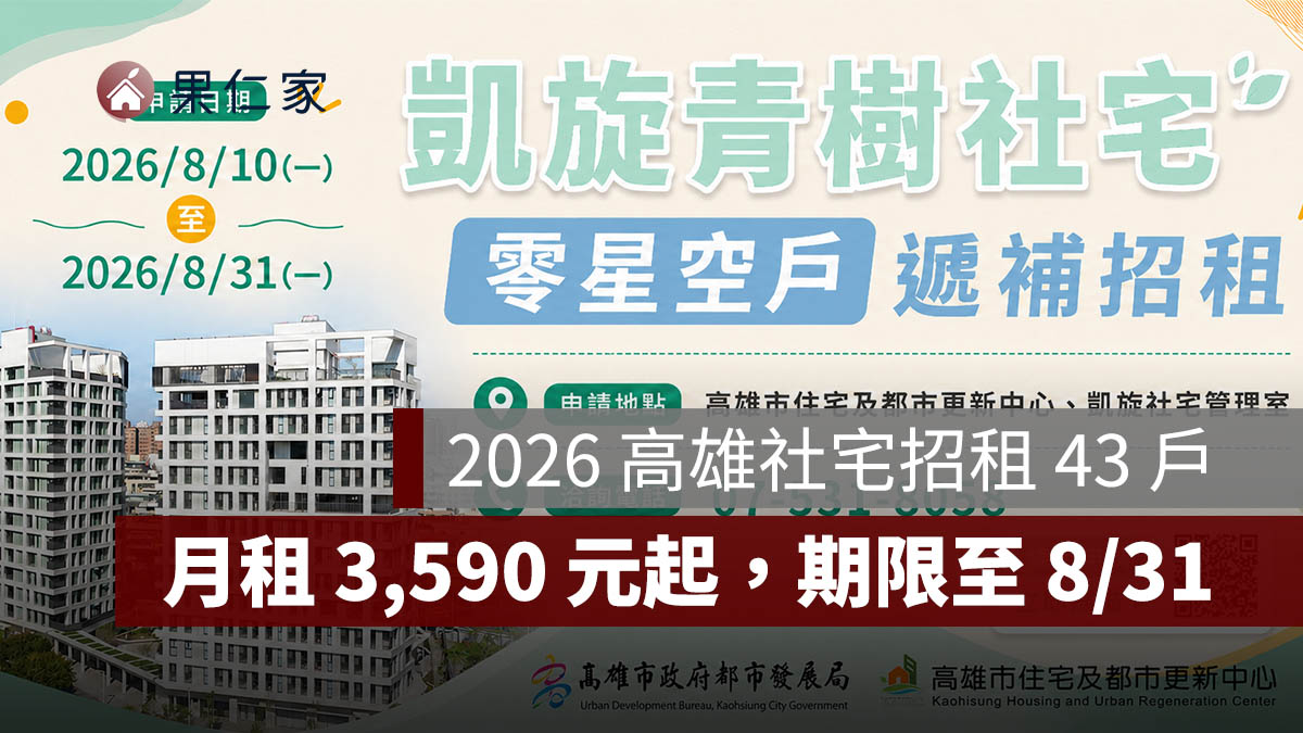 2026 高雄社宅招租！「凱旋青樹」遞補招租 43 戶，月租 3,590 元起，申請期限至 8/31