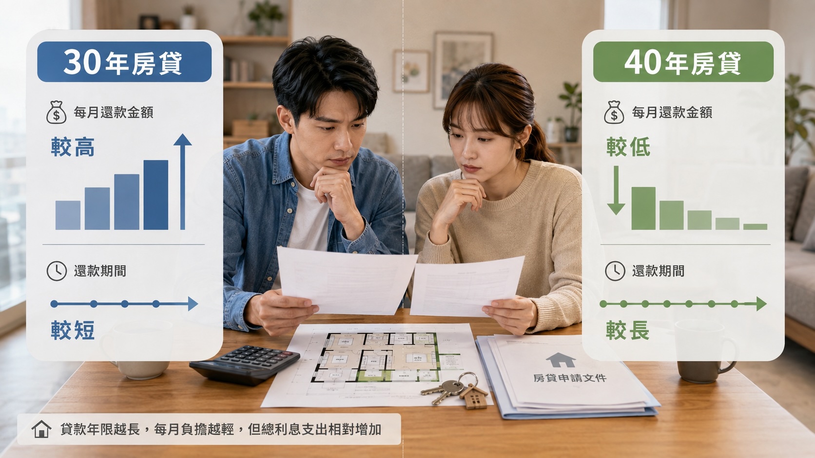青安 3.0 房貸 30 年與 40 年月付金比較示意圖