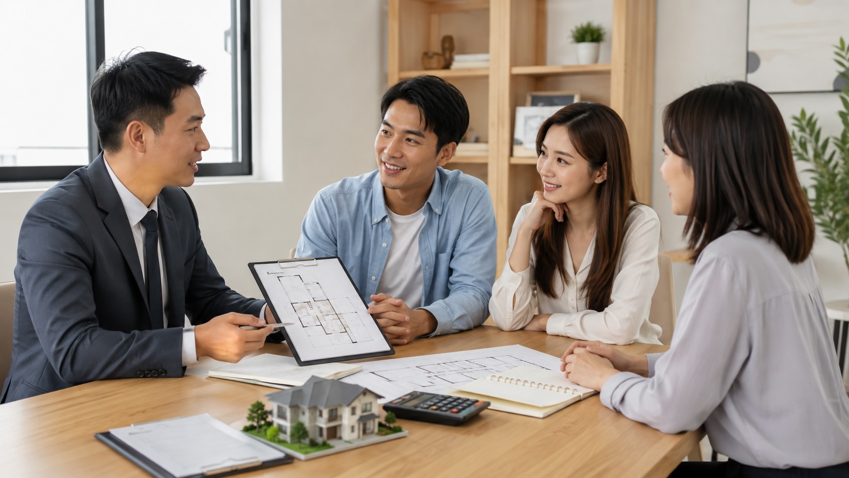 買方、賣方與房仲討論房屋交易與仲介費用