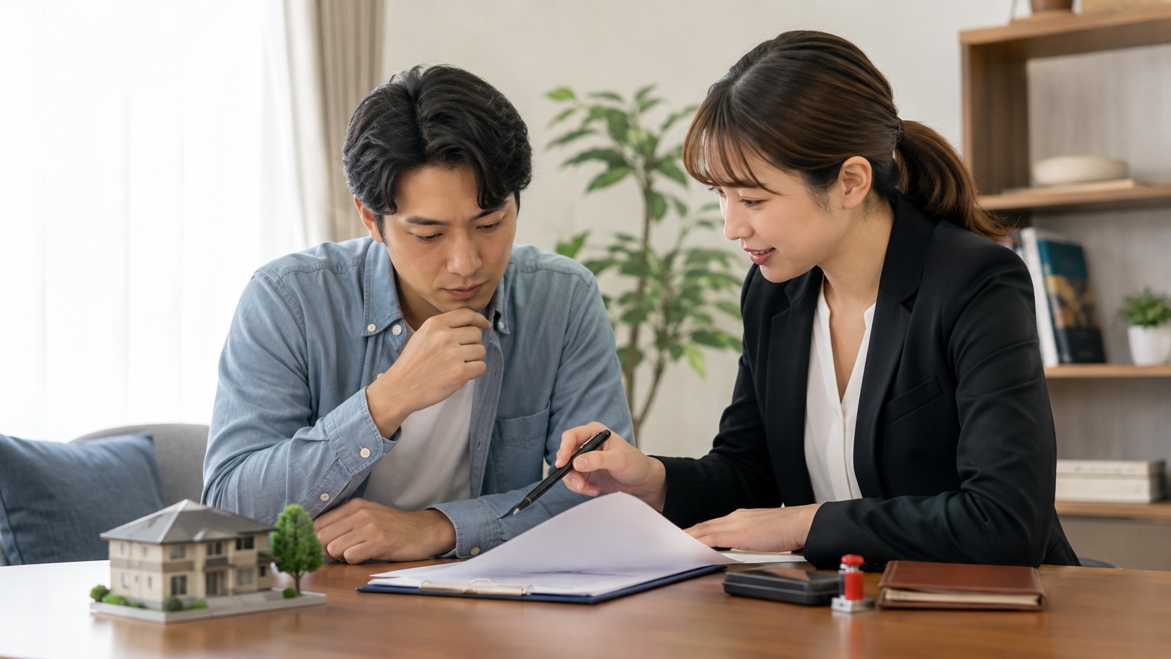 購屋民眾在簽約前與房仲確認房屋買賣契約內容