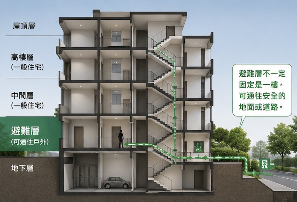 避難層位置示意圖，說明避難層不一定固定是一樓