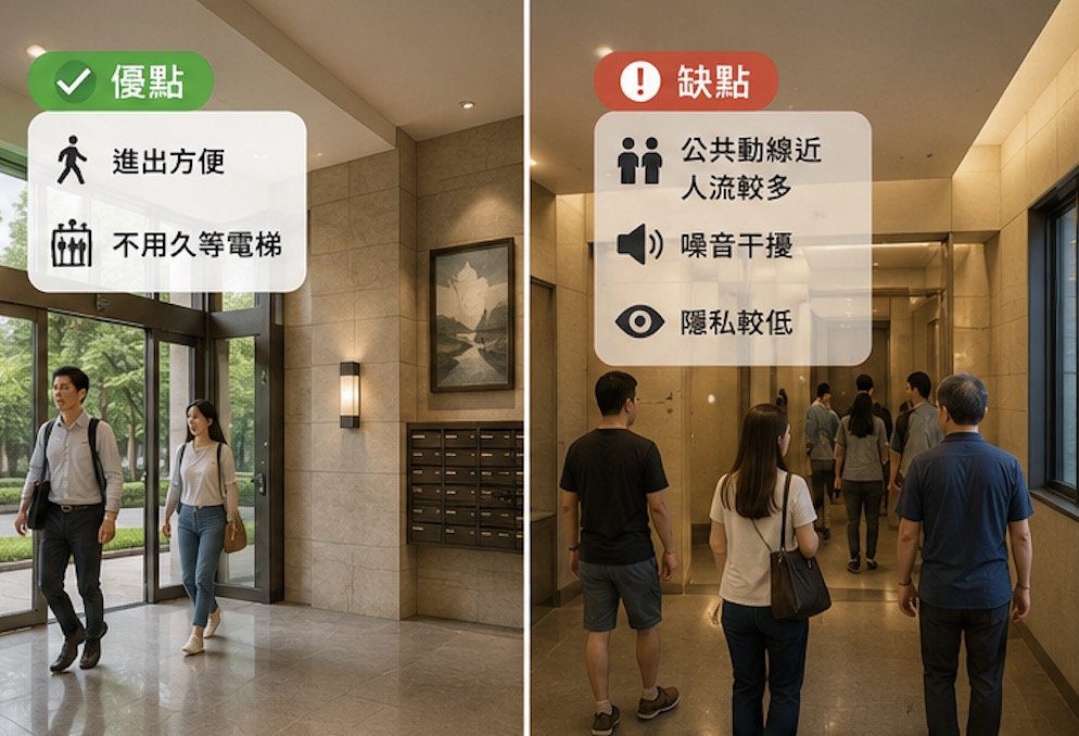 避難層住宅優缺點情境示意，包含進出方便與人流較多問題