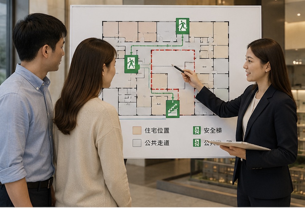 首購族查看建案平面圖與避難動線示意