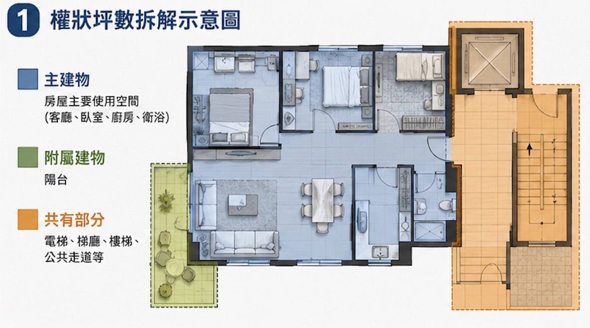 主建物、附屬建物與共有部分坪數拆解示意圖