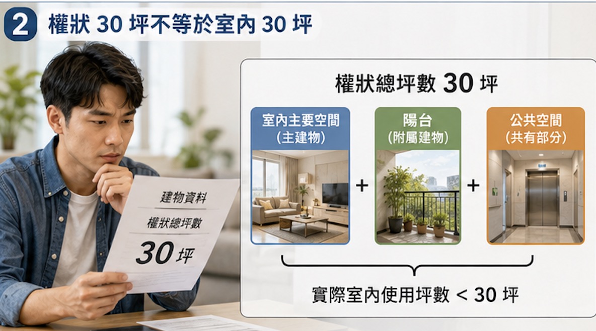 權狀 30 坪不等於室內 30 坪示意圖