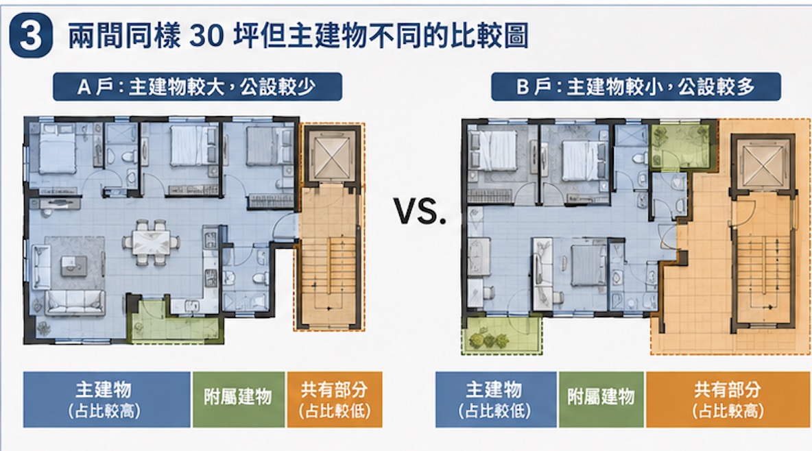 同樣權狀 30 坪但主建物坪數不同的住宅比較