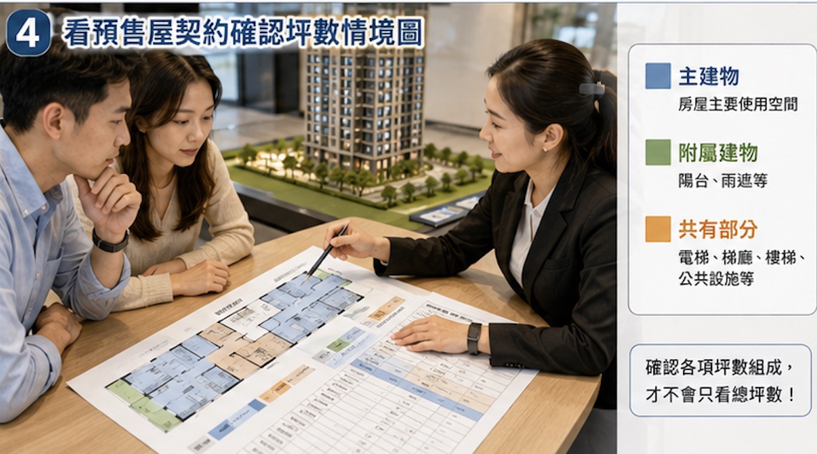 首購族查看預售屋主建物、附屬建物與公設坪數