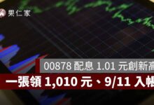 00878 配息 1.01 元創新高！一張領 1,010 元，8/18 除息、9/11 入帳
