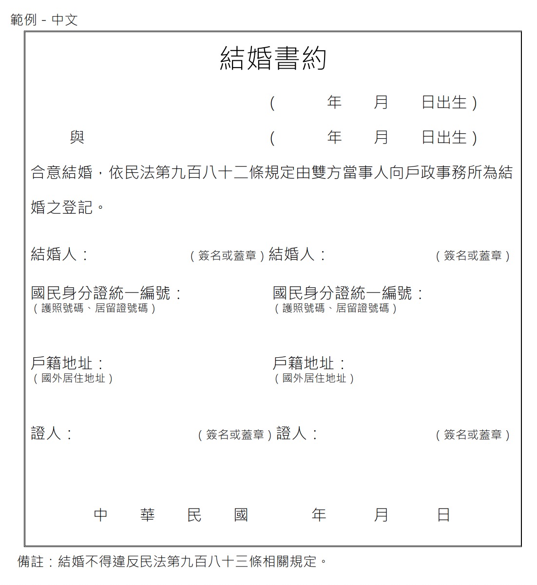 內政部結婚書約範例（圖源：內政部）
