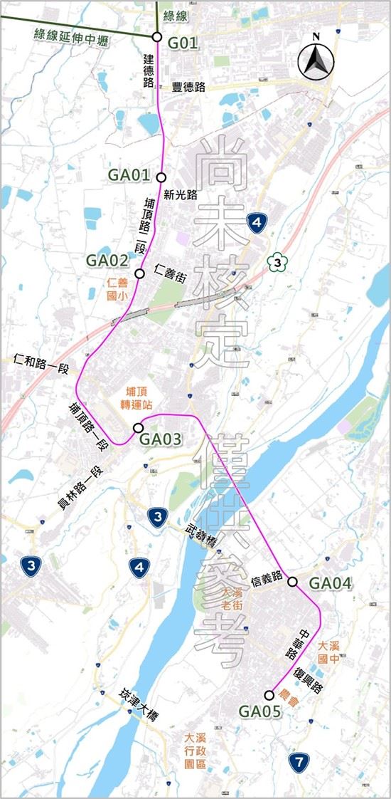 桃園捷運綠線延伸大溪路線圖（尚未定案）。圖：桃園市政府捷運工程局